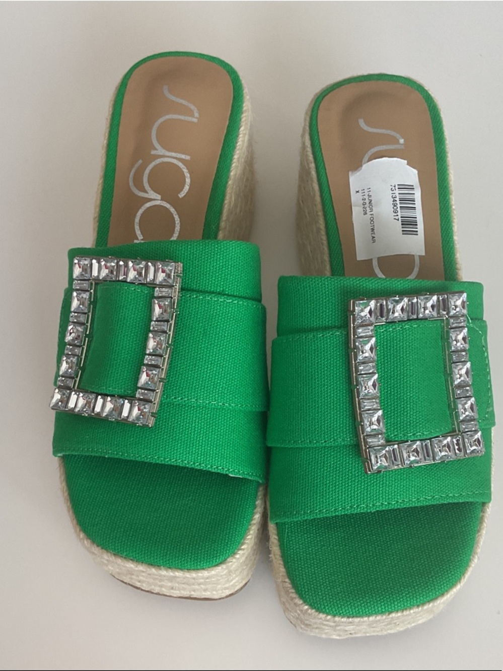 Sugar Embellished Green Espadrille Wedge Sandals NWT Sz 7 - Picture 8 of 10
